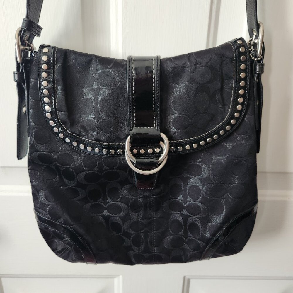 Coach Black Signature Crossbody with Stud and Ring Accent